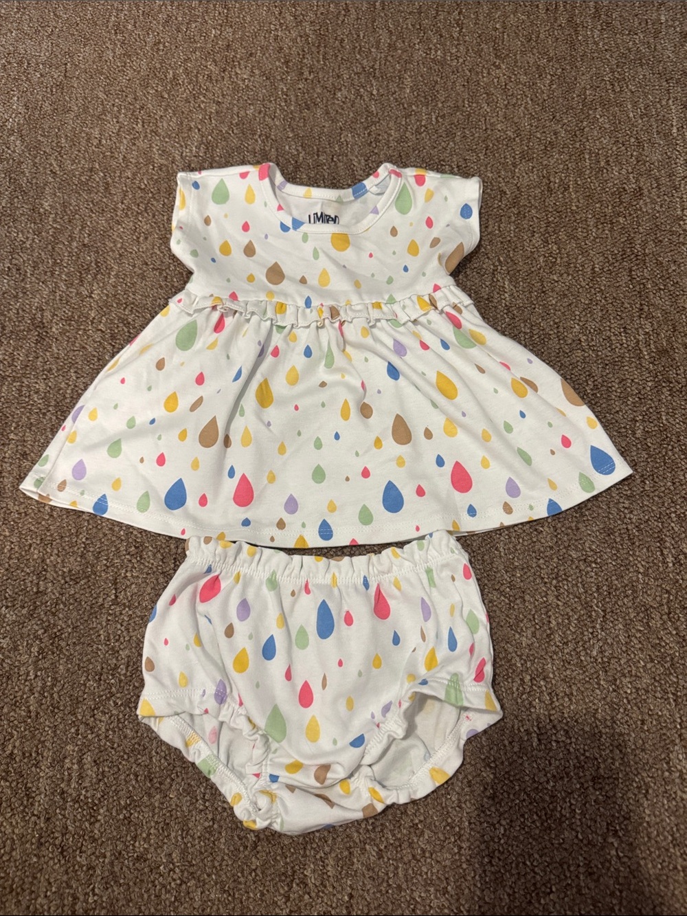 Limited Too White Baby Dress & Bloomers with Multicolor Raindrops